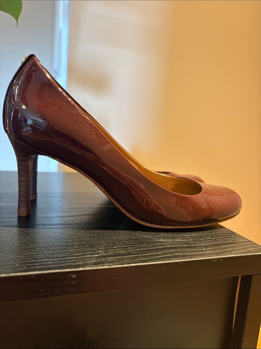 Tory Burch Patent Leather Mid-Heel Pump in Deep Brown and burgundy